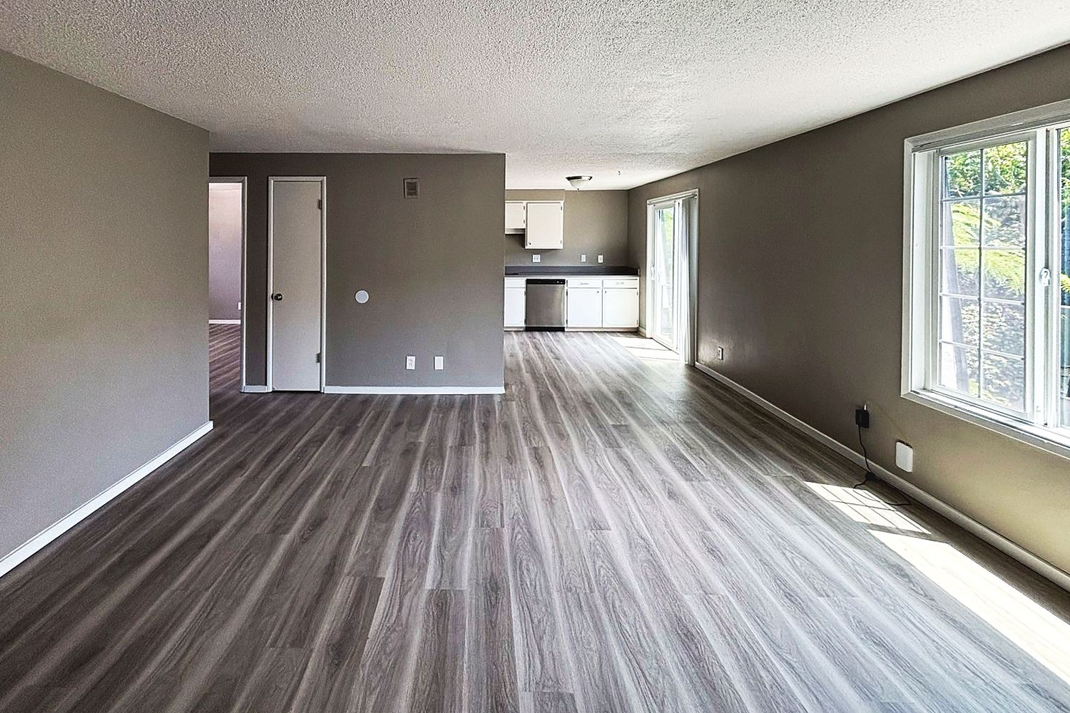 Long, bright living room with windows at both ends and pale plank floors